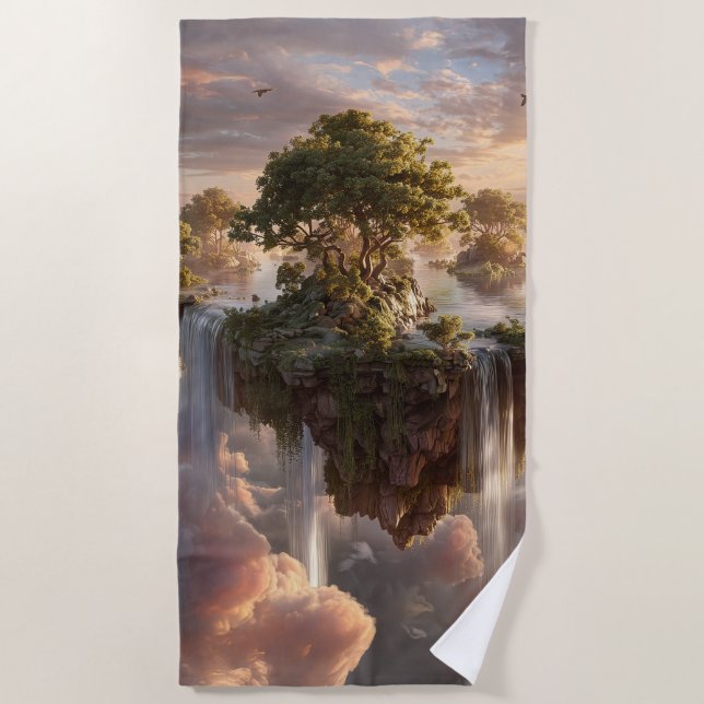 Surreal Floating Islands With Waterfalls Beach Towel (Front)
