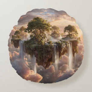 Surreal Floating Islands With Waterfalls Round Pillow