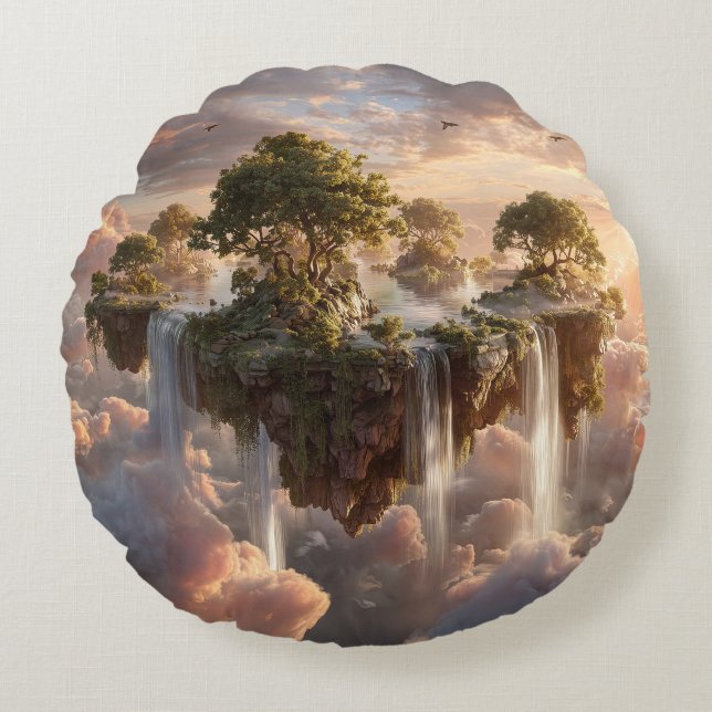 Surreal Floating Islands With Waterfalls Round Pillow (Front)