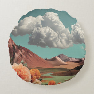 Surreal Floral Mountainscape With Dramatic Clouds Round Pillow