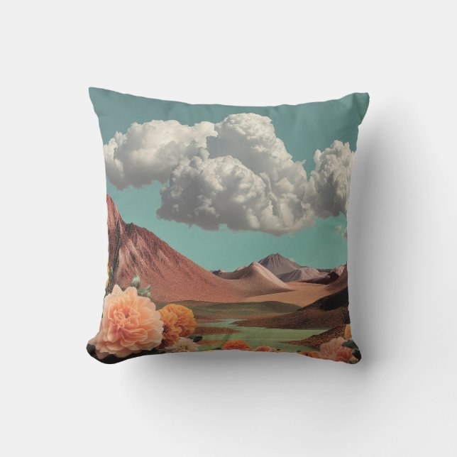 Surreal Floral Mountainscape With Dramatic Clouds Throw Pillow (Front)
