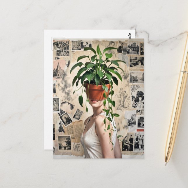 Surreal Flower Pot Green Plants Woman Postcard (Front/Back In Situ)