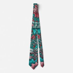 Surreal flowers, cyan blue red tie