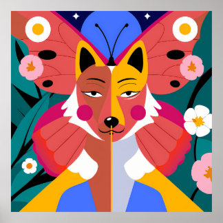 Surreal Fox Butterfly Hybrid with Floral Elements Poster