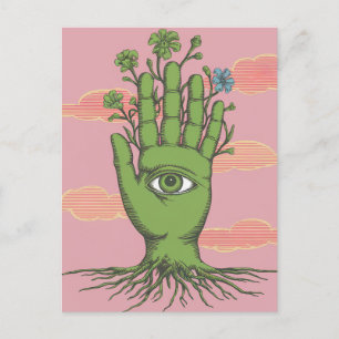 Surreal Gardeners Green Hand Blue Flower Postcard