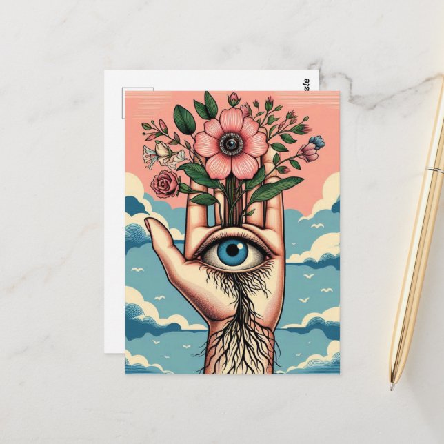Surreal Gardeners Hand With Pink Flowers Postcard (Front/Back In Situ)