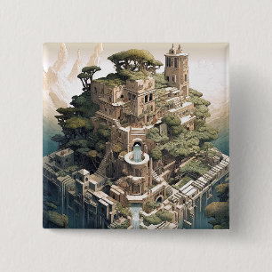 Surreal Geometric City Landscape Fantasy Art 2 Inch Square Button