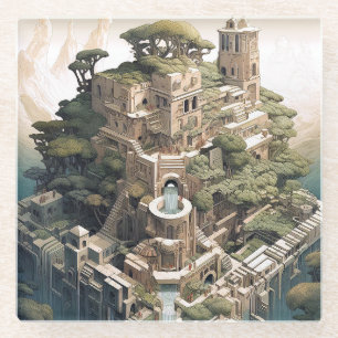 Surreal Geometric City Landscape Fantasy Art Glass Coaster