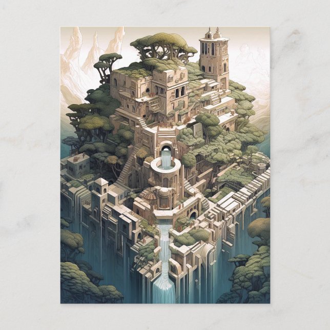 Surreal Geometric City Landscape Fantasy Art Postcard (Front)
