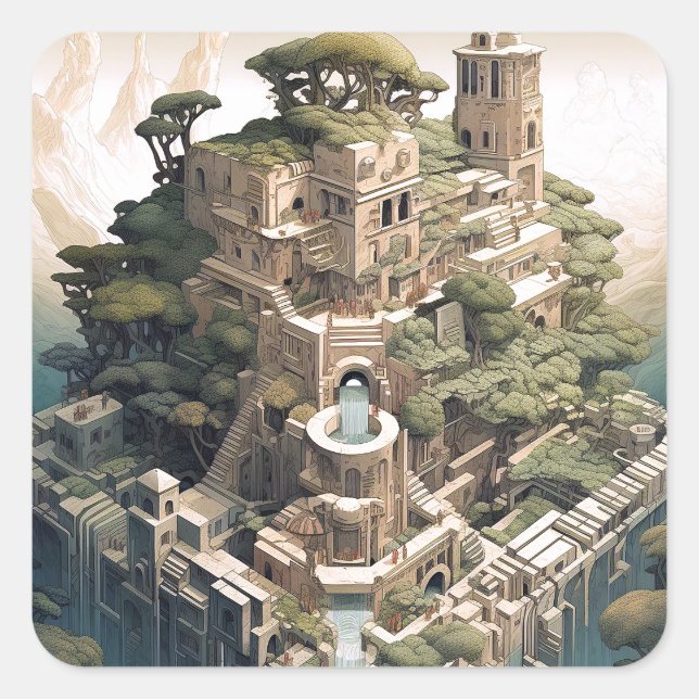 Surreal Geometric City Landscape Fantasy Art Square Sticker (Front)