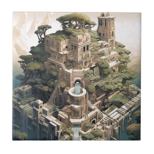 Surreal Geometric City Landscape Fantasy Art Tile
