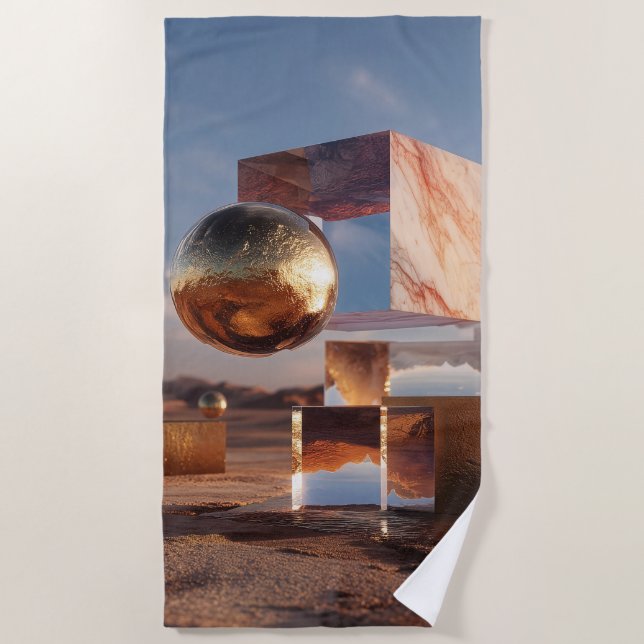 Surreal Geometric Composition With Golden Spheres Beach Towel (Front)