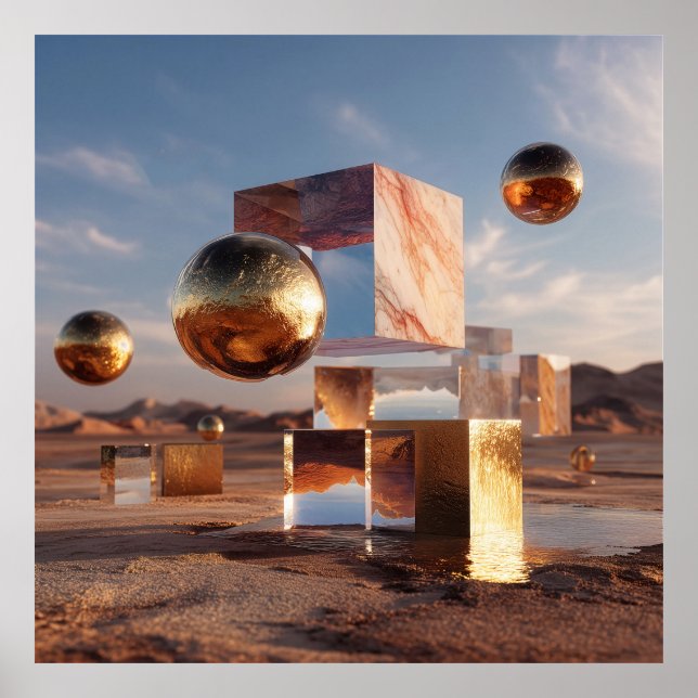 Surreal Geometric Composition With Golden Spheres Poster (Front)