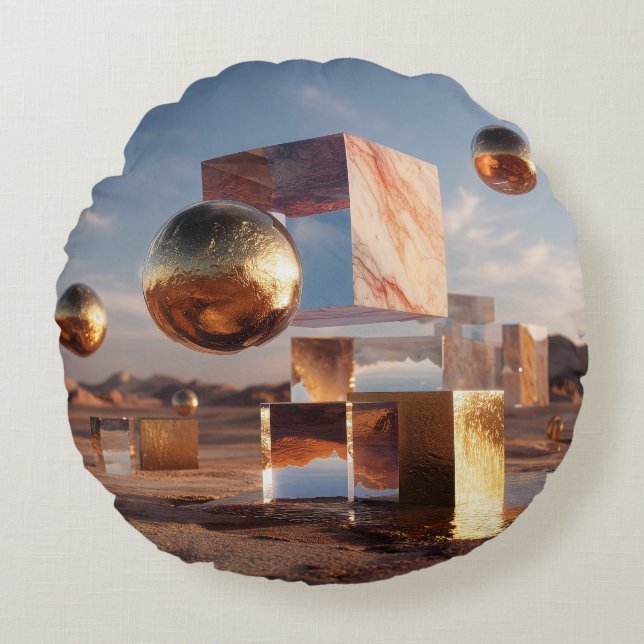 Surreal Geometric Composition With Golden Spheres Round Pillow (Front)
