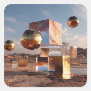 Surreal Geometric Composition With Golden Spheres Square Sticker