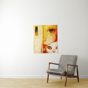 Surreal Girl and Cat Wall Art – Green Eyes Fantasy Tapestry