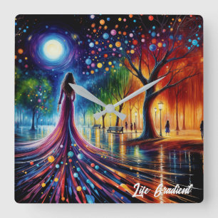 Surreal girl fantasy moonlight park rainbow trees square wall clock