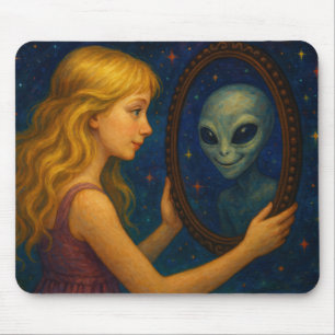 Surreal Girl Holding Mirror with Alien Reflection Mouse Pad