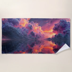 Surreal Glowing Sunset Clouds Reflected In Water Beach Towel