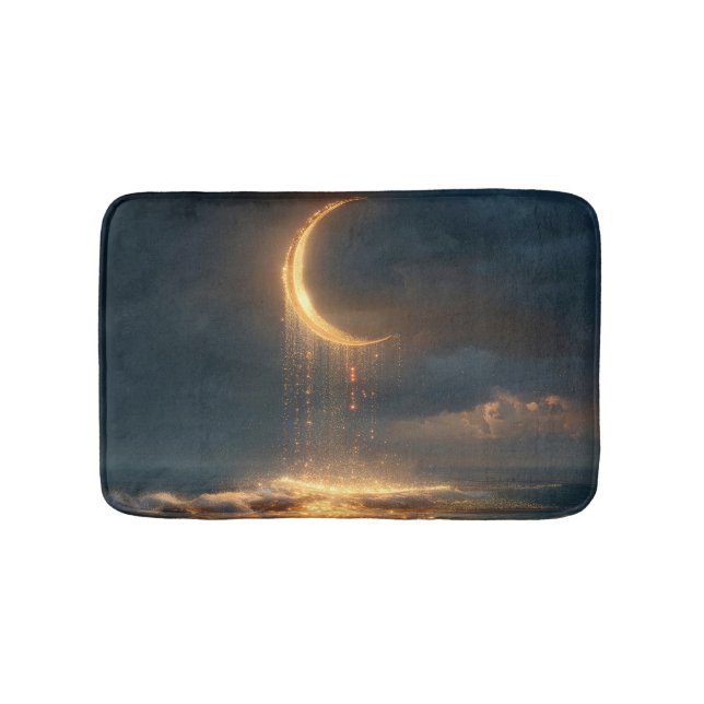 Surreal Golden Crescent Moon Above Ocean Bath Mat (Front)
