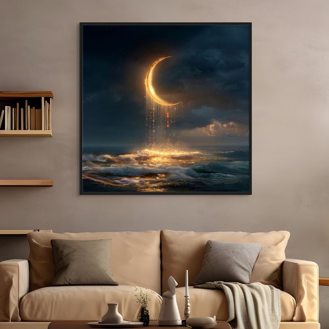Surreal Golden Crescent Moon Above Ocean Poster (Creator Uploaded)