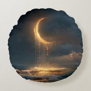 Surreal Golden Crescent Moon Above Ocean Round Pillow