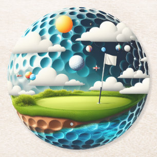 Surreal Golf Course in a Golf Ball World Round Paper Coaster