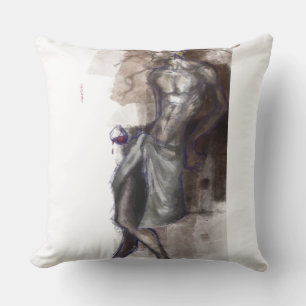 "Surreal Green-Haired Figure Holding an Eye – Dark Throw Pillow