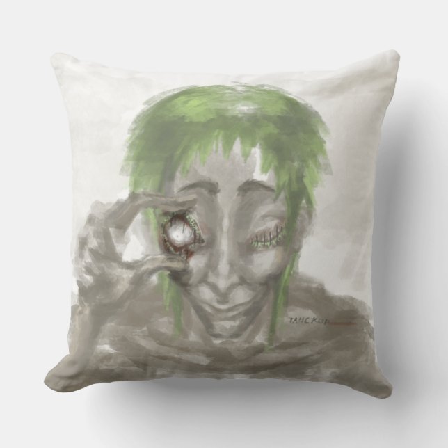 "Surreal Green-Haired Figure Holding an Eye – Dark Throw Pillow (Front)