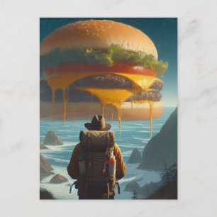 Surreal Hiker Giant Cheeseburger at Beach Postcard