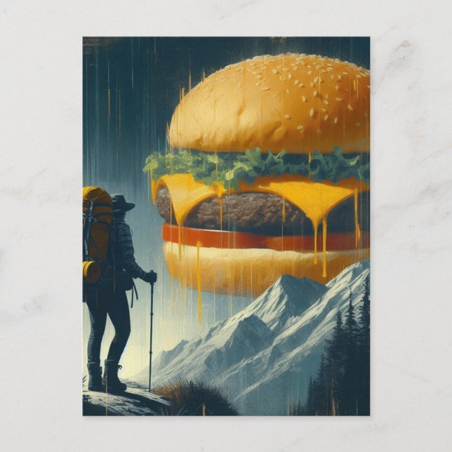 Surreal Hiker Giant Cheeseburger over Mountains Postcard (Front)
