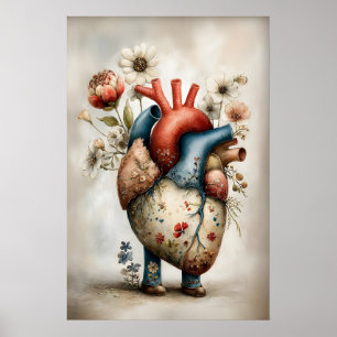 Surreal Human Heart Flowers Print, Whimsical Poster