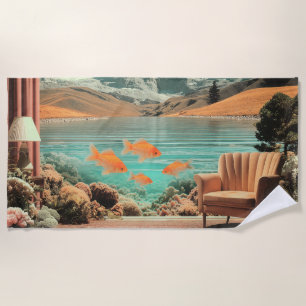 Surreal Interior with Fish and Moonlit Landscape Beach Towel