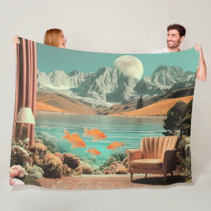 Surreal Interior with Fish and Moonlit Landscape Fleece Blanket
