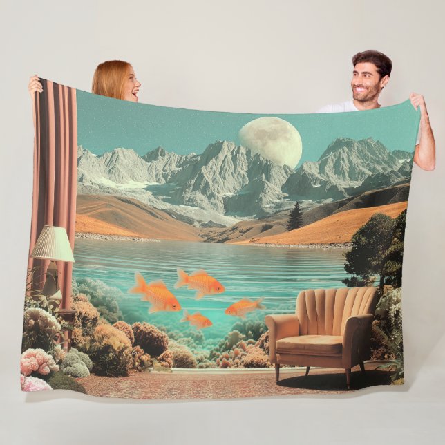 Surreal Interior with Fish and Moonlit Landscape Fleece Blanket (In Situ)
