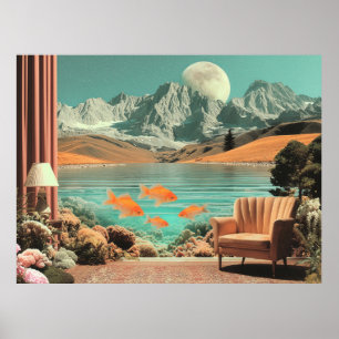 Surreal Interior with Fish and Moonlit Landscape Poster