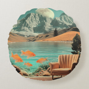 Surreal Interior with Fish and Moonlit Landscape Round Pillow