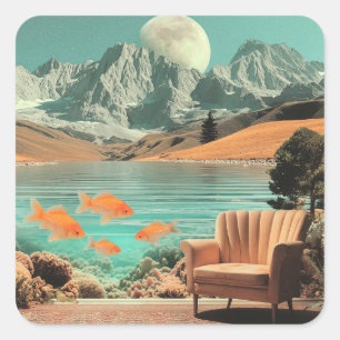 Surreal Interior with Fish and Moonlit Landscape Square Sticker