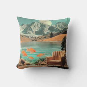 Surreal Interior with Fish and Moonlit Landscape Throw Pillow