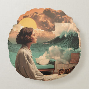 Surreal Interior With Woman and Cat Round Pillow