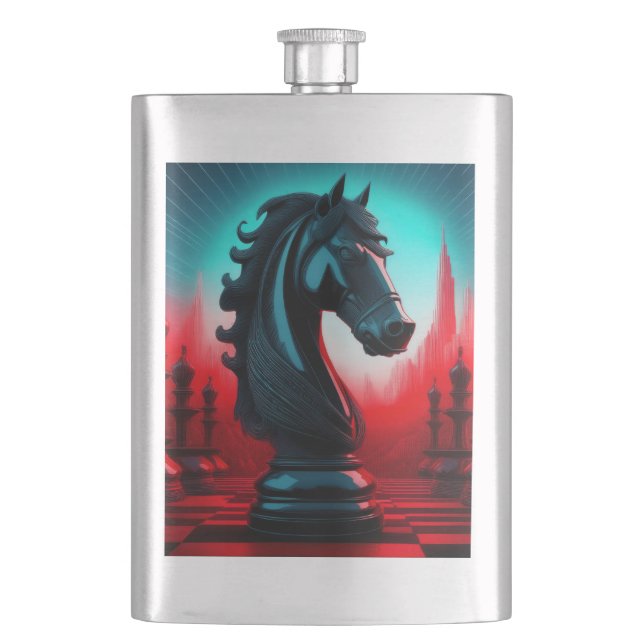 Surreal Intricate Black Knight Chess Piece Hip Flask (Front)