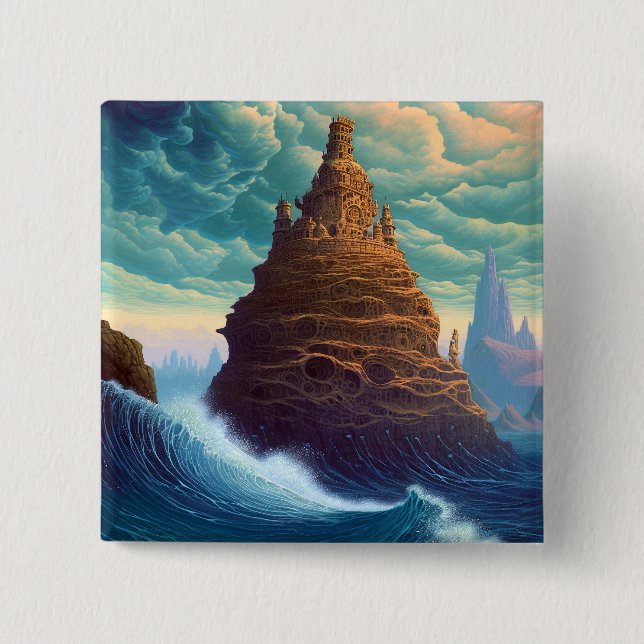 Surreal Landscape Towering City Fantasy Art 2 Inch Square Button (Front)