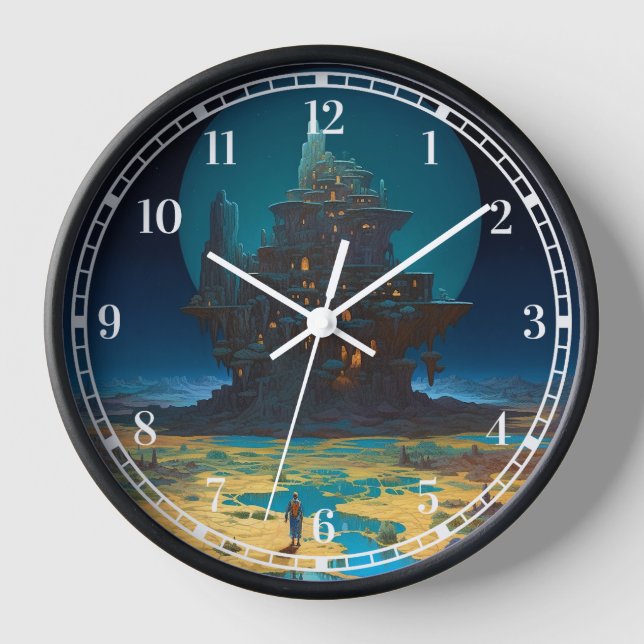 Surreal Landscape Towering City Fantasy Art Clock (Front)