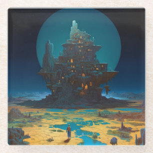 Surreal Landscape Towering City Fantasy Art Glass Coaster