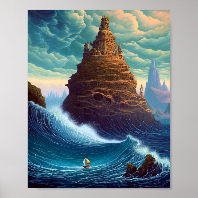 Surreal Landscape Towering City Fantasy Art Poster (Front)