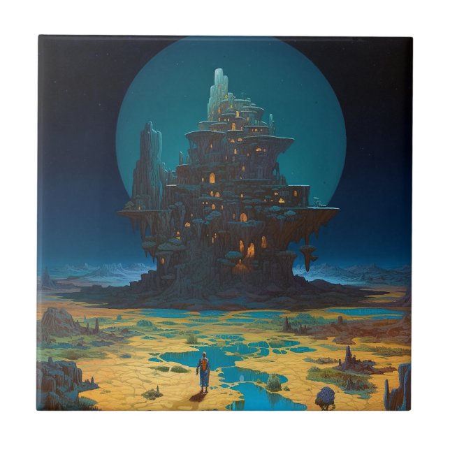 Surreal Landscape Towering City Fantasy Art Tile (Front)