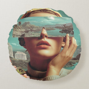 Surreal Landscape Vision, Surreal female portrait  Round Pillow