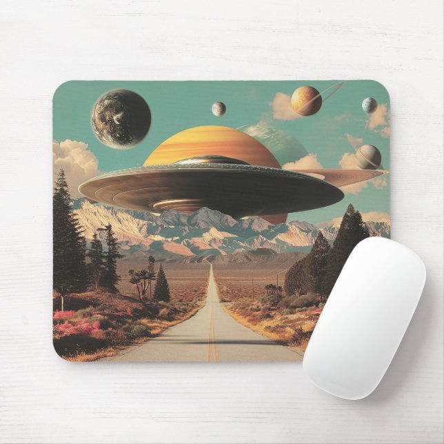 Surreal Landscape with Road, UFO and Saturn  Mouse Pad (With Mouse)