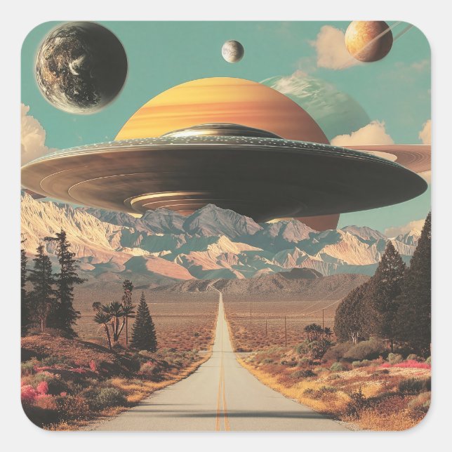 Surreal Landscape with Road, UFO and Saturn  Square Sticker (Front)