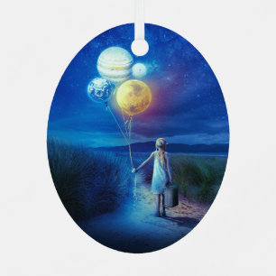 Surreal Little Girl Leaving Home for Other Worlds Metal Ornament